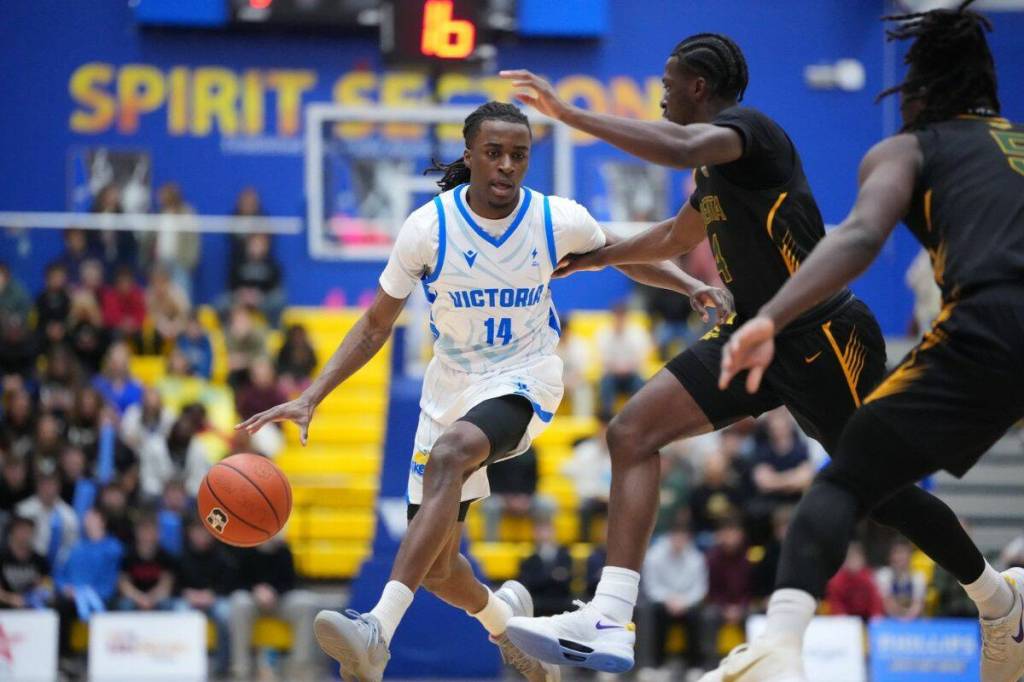 Renoldo Robinson carves his way towards the paint as the University of Victoria Vikes defeated the University of Alberta Golden Bears 97-74 in the Canada West semifinal on Feb. 20. (Photo courtesy of Canada West/Website)