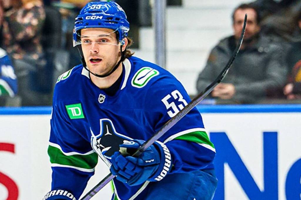 Vancouver Canucks forward Teddy Blueger, in action Thursday, March 12, 2026, in an NHL contest versus the Nashville Predators at Rogers Arena in Vancouver. (https://x.com/Canucks)