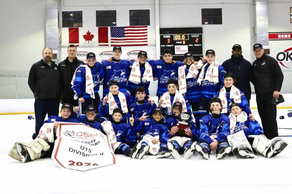 The U15 Pacific Hockey Academy won their first ever Canadian Sport School Hockey League Western Championship with a 3-2 win over Prairie Hockey Academy in the U15 Division II finals. (Photo courtesy of Jordan Martin/CSSHL Media)